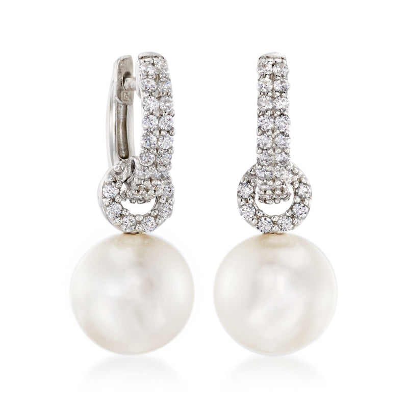 Sterling silver CZ huggie hoop drop earrings with cultured pearl, side clasp view