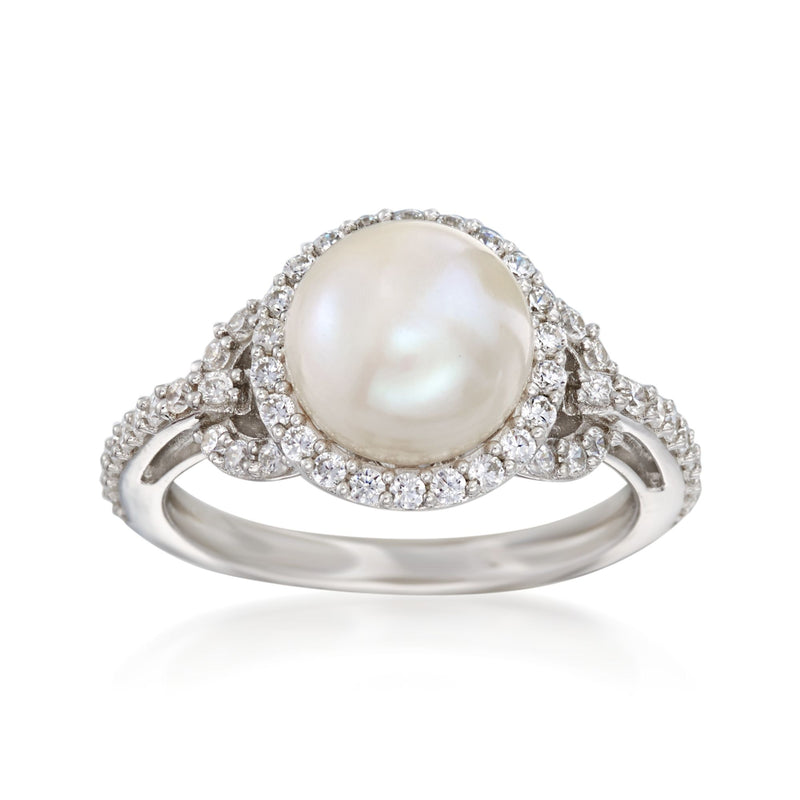 Sterling silver ring with large round cultured pearl and clear CZ halo