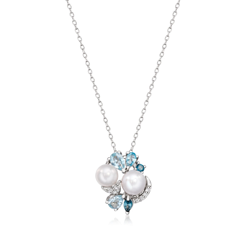 Sterling silver cluster pendant necklace with cultured pearl and blue gemstones