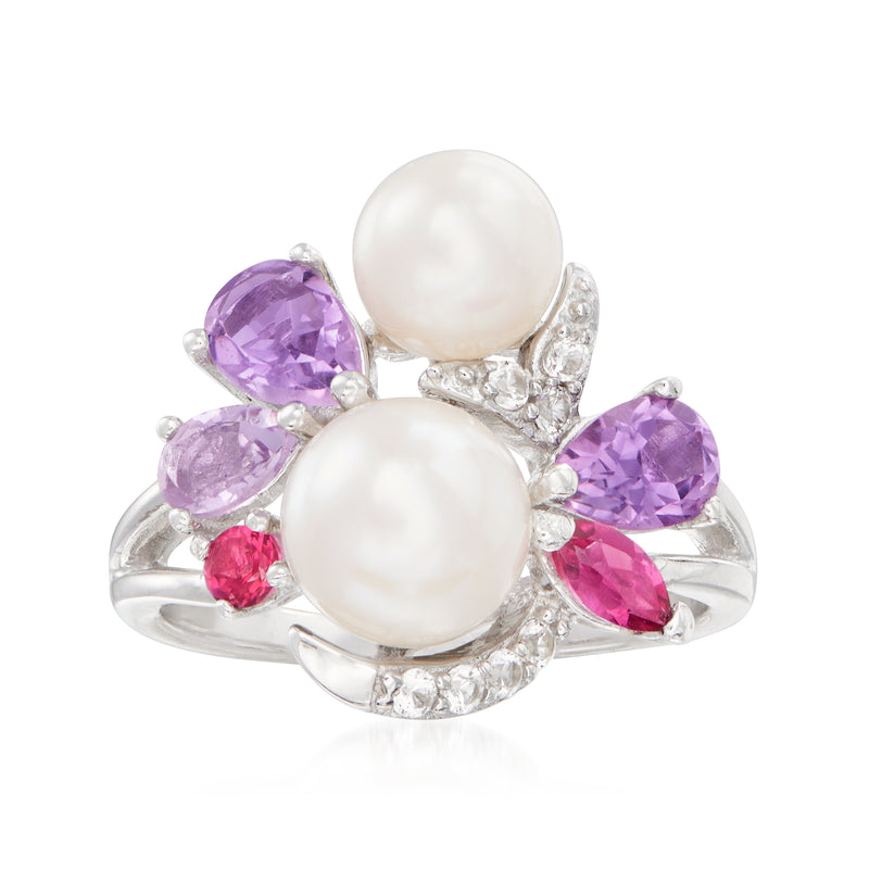 Sterling silver ring with 3 cultured pearls and purple, pink, and clear gemstones