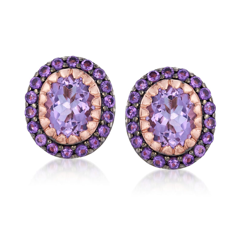 Rose gold amethyst halo stud earrings with oval lilac center stones, purple accents
