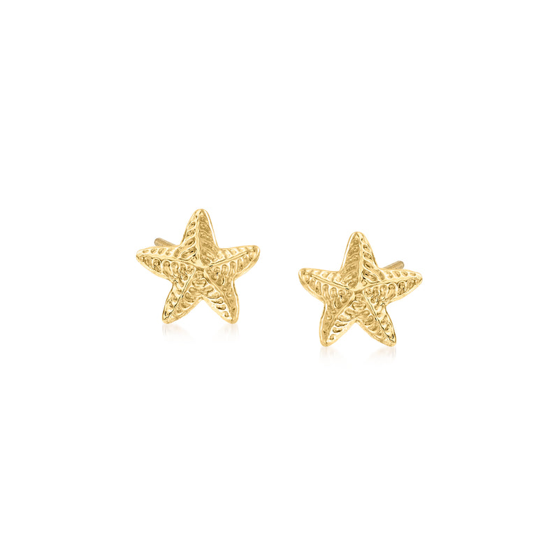 14kt yellow gold starfish stud earrings, textured starfish design with posts