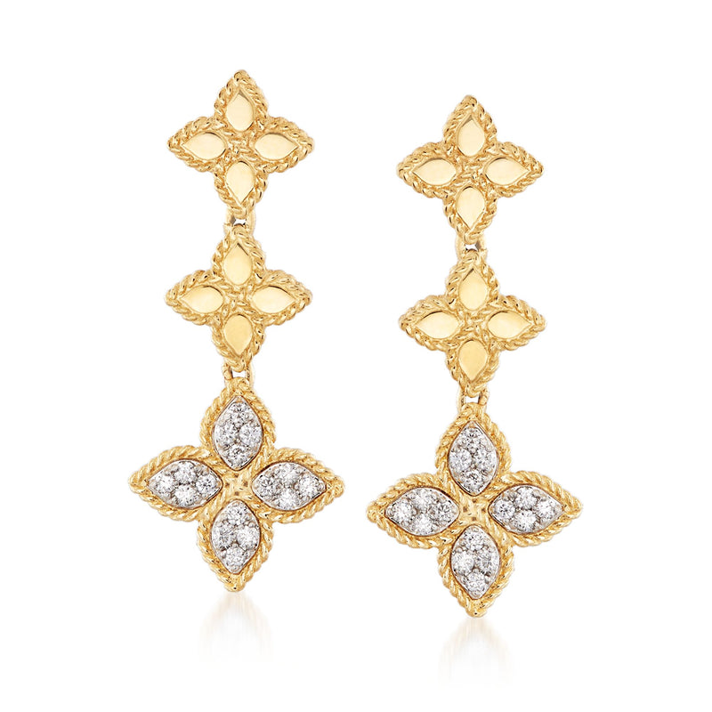 Two-tone 18kt gold diamond flower drop earrings with dangling quatrefoil petals