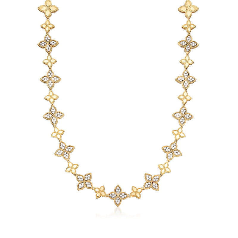 Two-tone gold diamond flower station necklace with linked floral stations