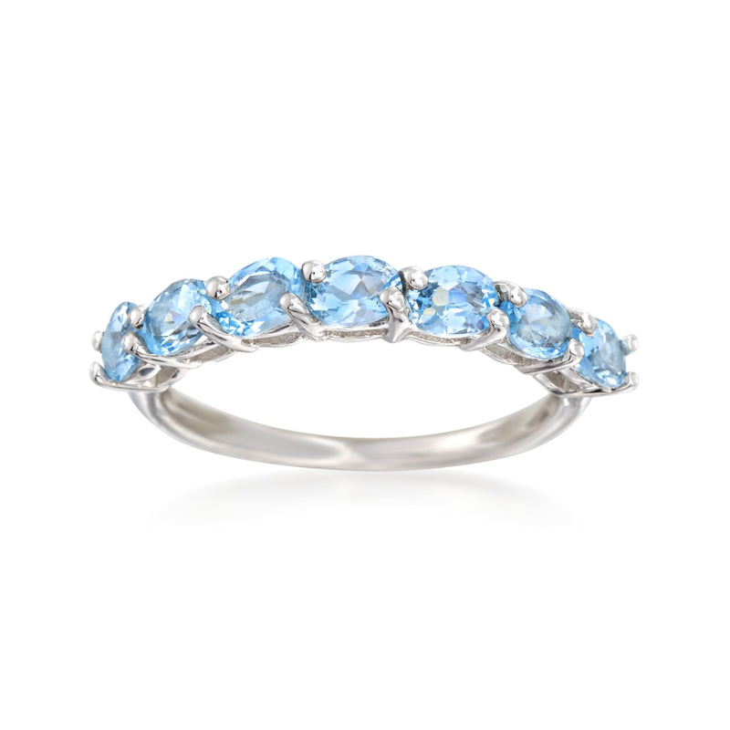 Sterling silver blue topaz ring with five oval gemstones along the band