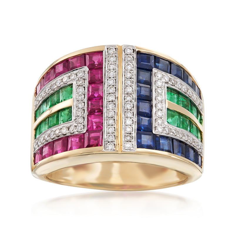 14kt yellow gold multi-stone ring with pink, green, and blue stones and diamond accents