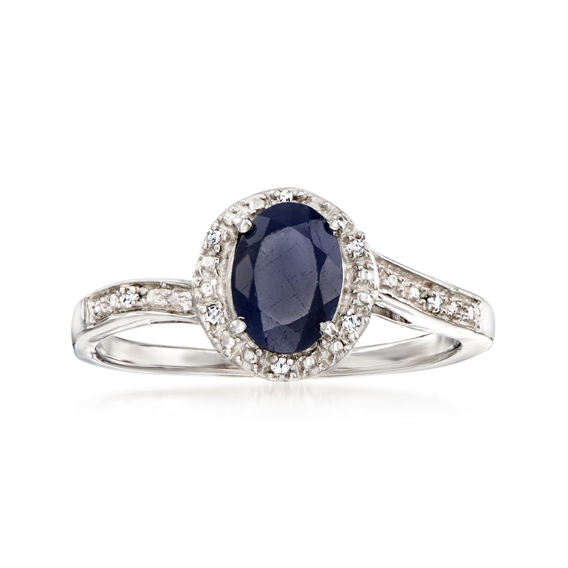 Sterling silver oval sapphire ring with diamond halo and side stones