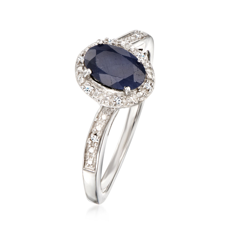 Sterling silver oval sapphire ring with diamond pave accents