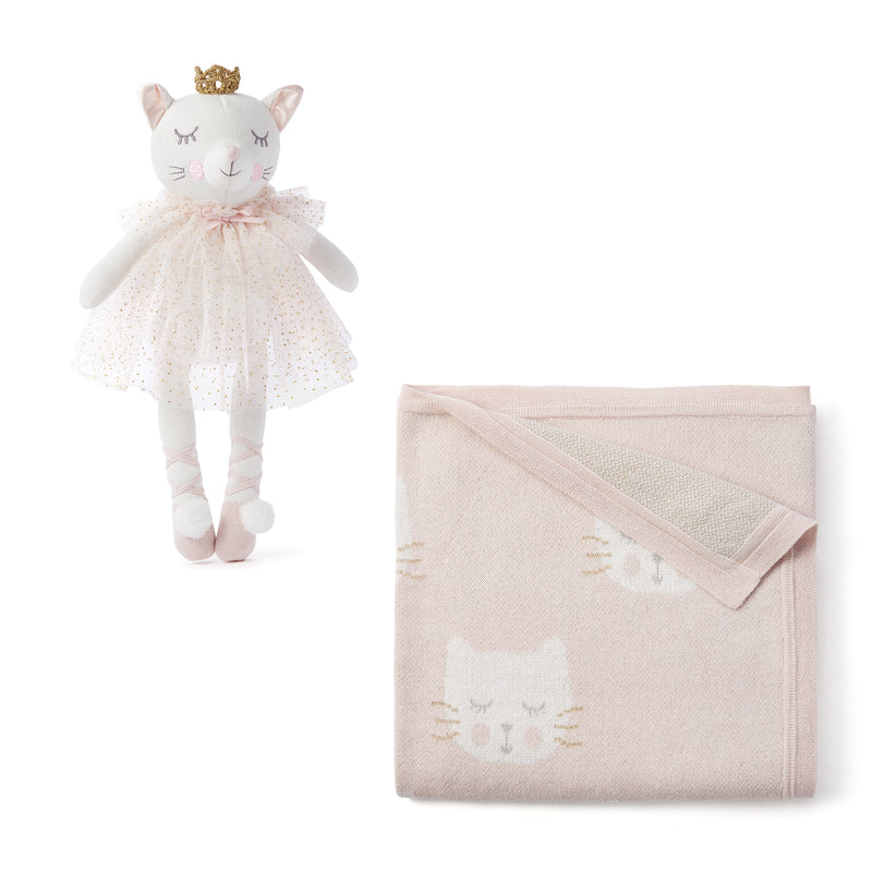 Princess kitty plush toy in pink tulle dress with matching knit baby blanket