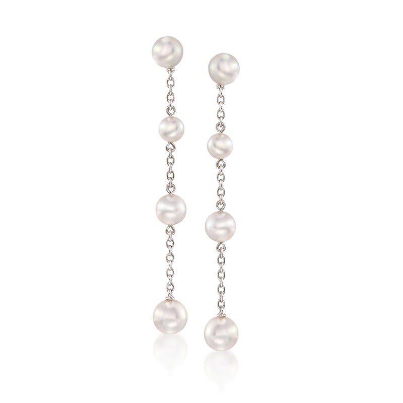 Akoya pearl drop earrings in 18kt white gold, three round pearls on chain