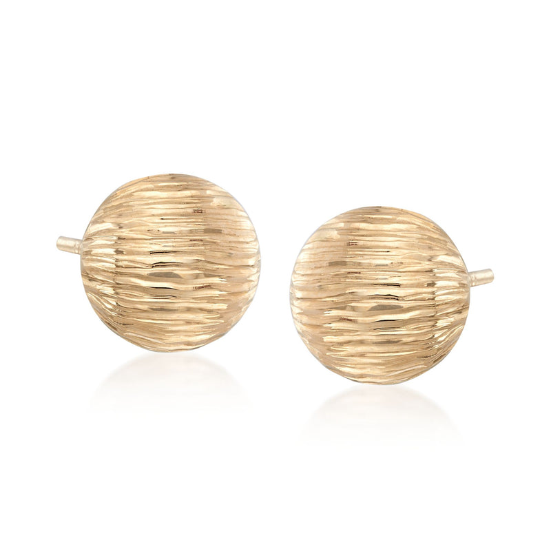 14kt yellow gold button stud earrings, round ribbed texture with butterfly backs