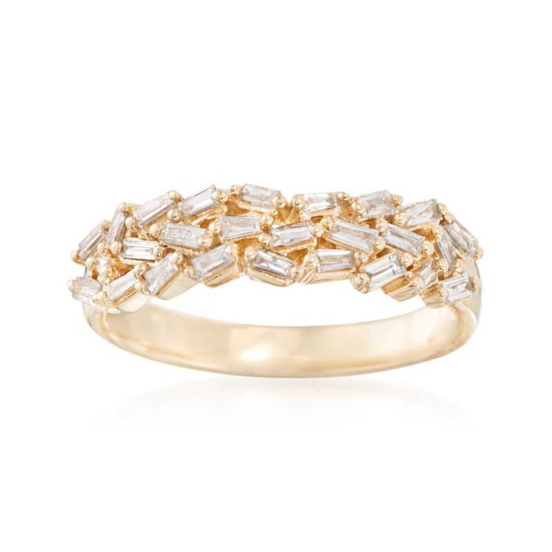 14kt yellow gold baguette diamond band ring with prong-set baguette stones, view from top