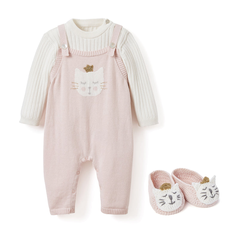 Baby set with pale pink cat overalls, white striped shirt, knit socks
