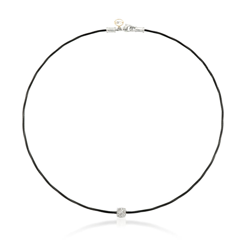 Black cable necklace with small diamond station and two-tone gold clasp