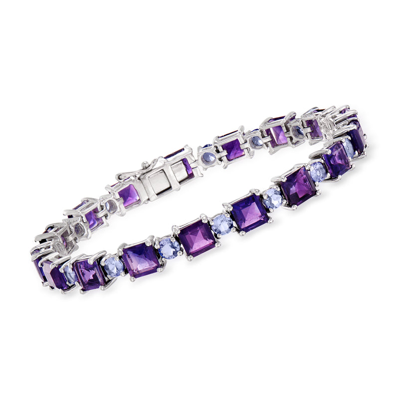 Sterling silver bracelet with purple amethyst and tanzanite gemstones, hinged links