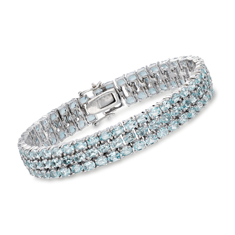 Sterling silver three-row sky blue topaz bracelet with rectangular clasp