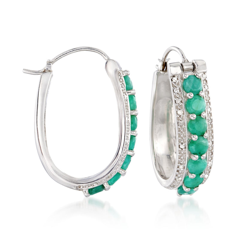 Sterling silver hoop earrings with green oval gemstones and clear diamond accents
