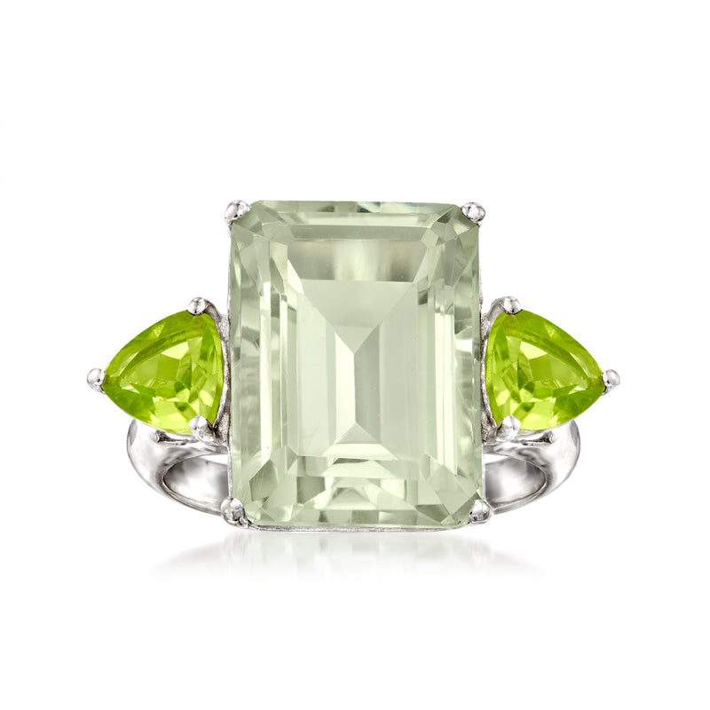 Sterling silver ring with emerald-cut light green center stone and two green peridot drops