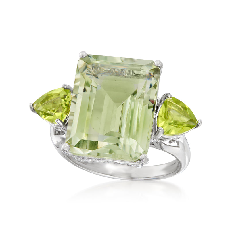 Sterling silver ring with emerald-cut light green gemstone and two pear-cut peridot side stones