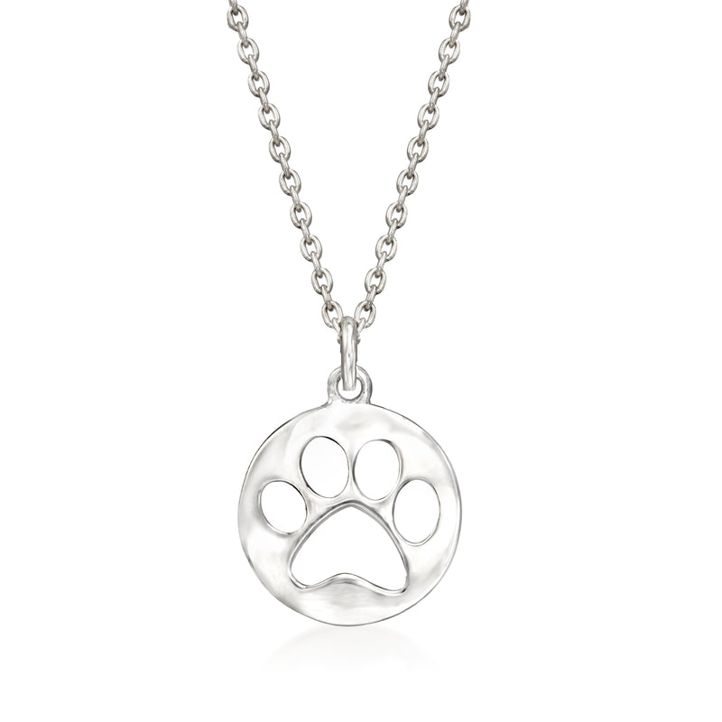 Sterling silver paw print pendant necklace with round engraved charm on chain
