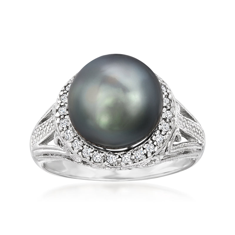 Sterling silver ring with dark gray black pearl center and white gemstone halo