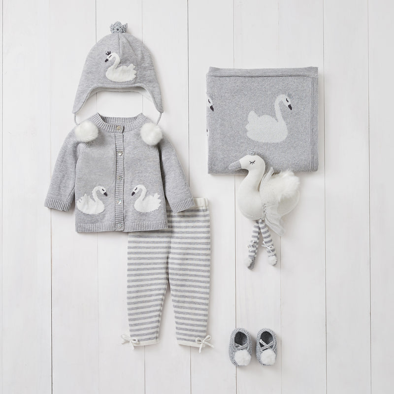 Baby gift set with gray swan hat, cardigan, striped pants, blanket, booties