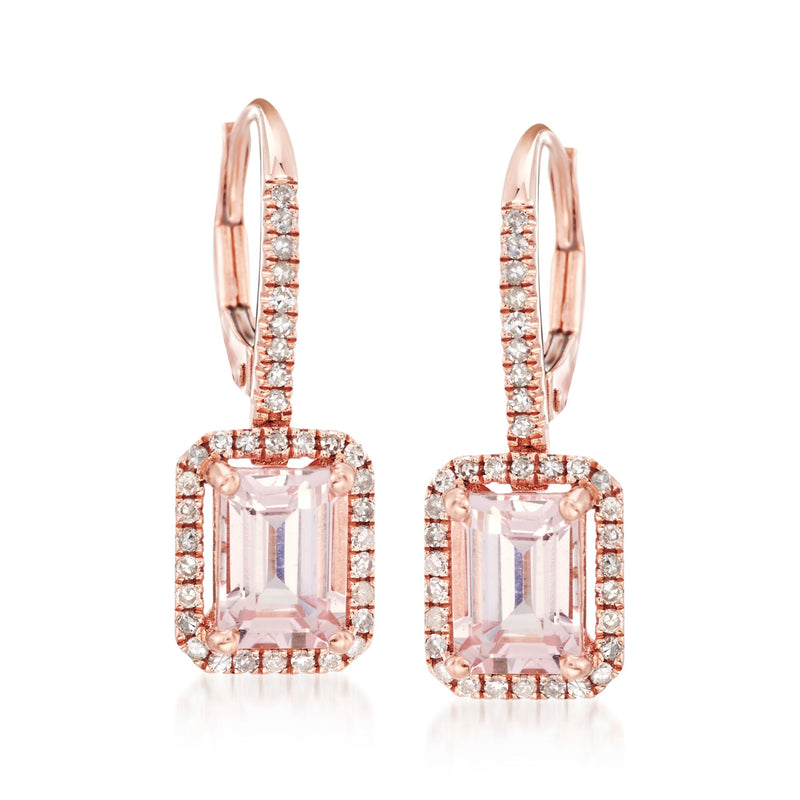 Rose gold leverback drop earrings with pink morganite center and diamond halo