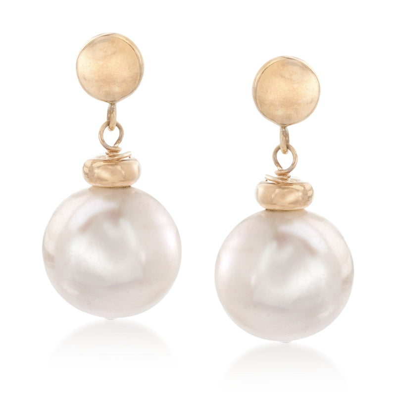 Cultured pearl drop earrings in 14kt yellow gold with white round pearls