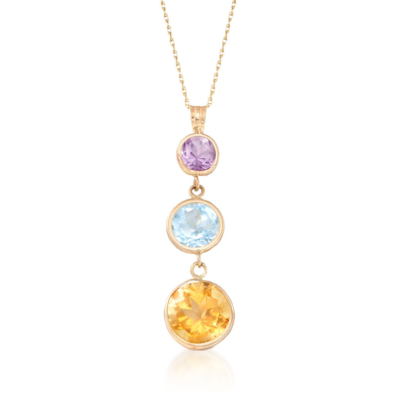 14kt yellow gold pendant necklace with three round stones: lavender, blue, yellow
