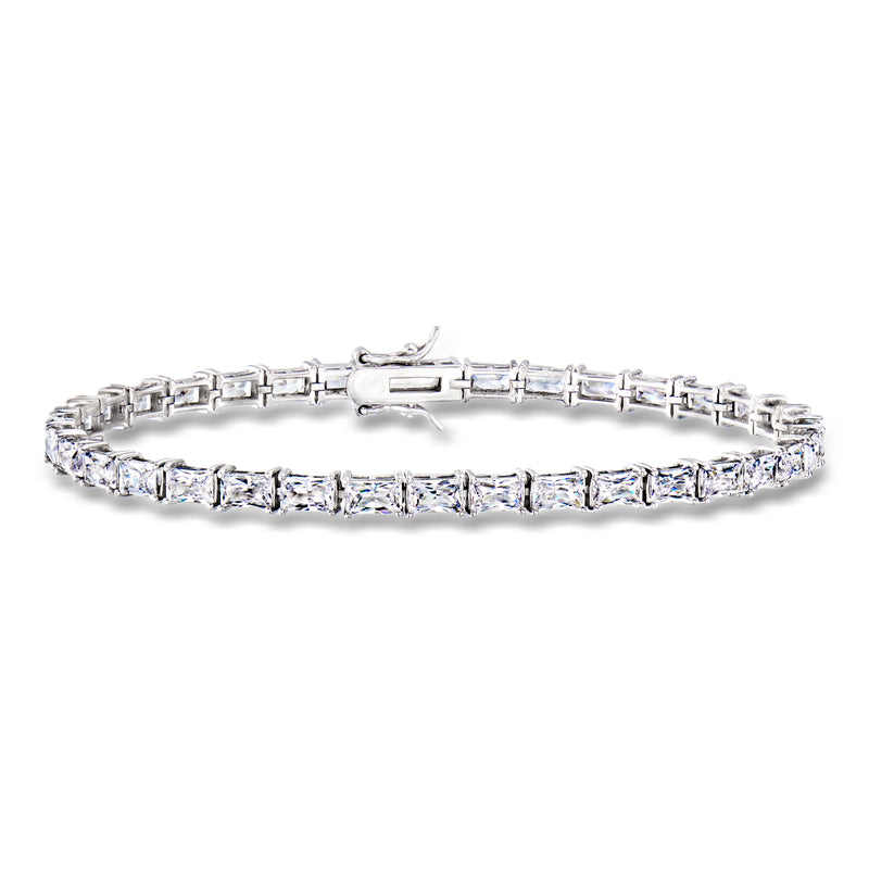 Sterling silver baguette CZ tennis bracelet with rectangular clear stones