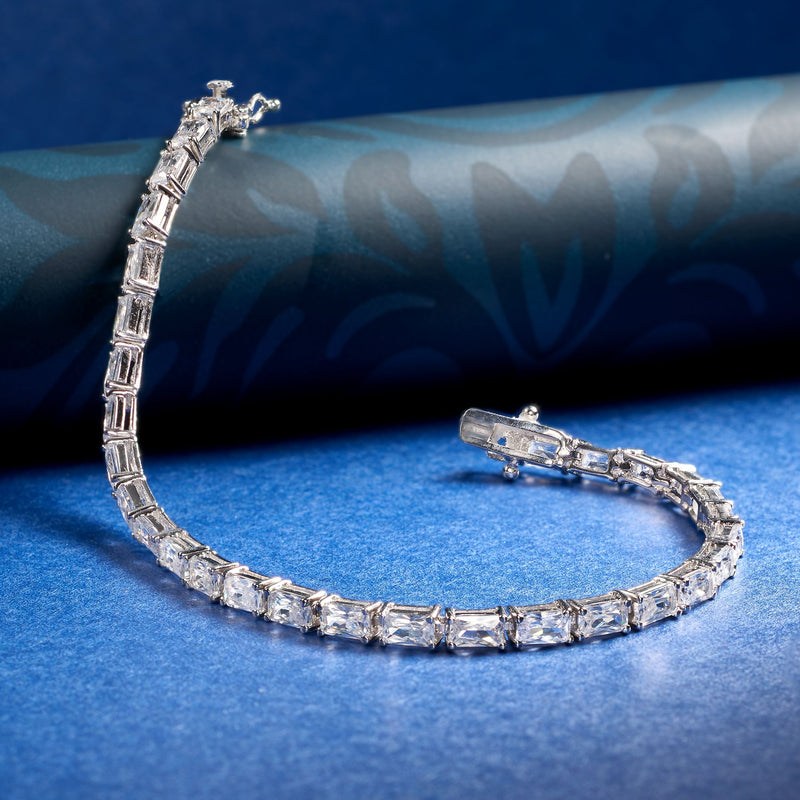 Sterling silver baguette CZ tennis bracelet with clear rectangular stones, side profile