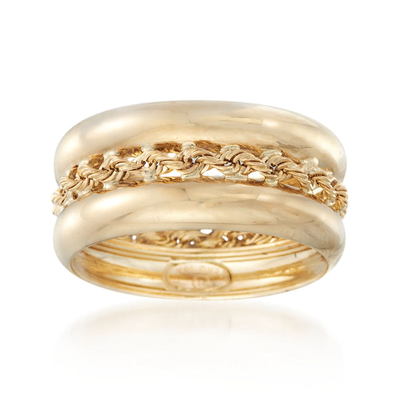 14kt yellow gold roped ring with braided rope texture on the band