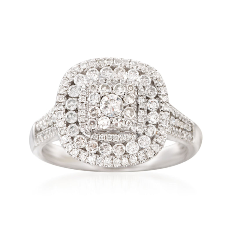 14kt white gold diamond ring with round center stone and double halo