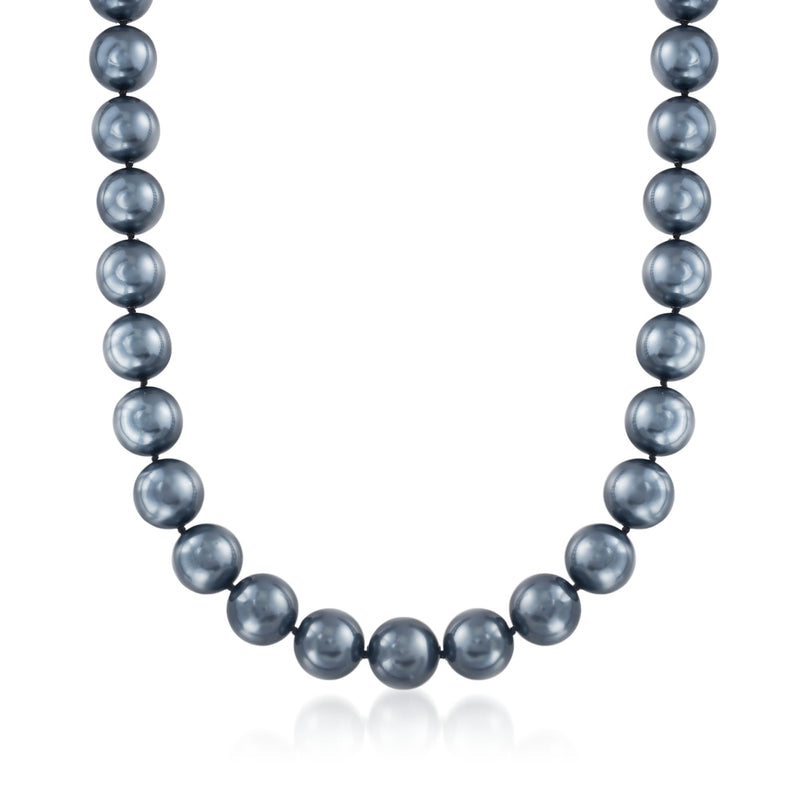 14mm black shell pearl necklace with sterling silver clasp, round pearls in a single strand