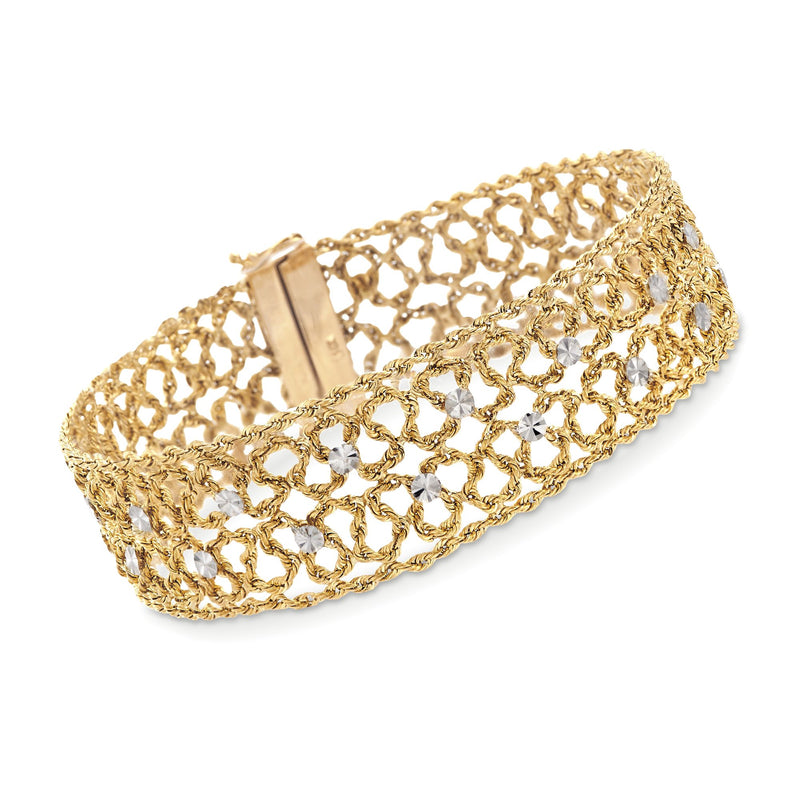 14kt two-tone gold woven station bracelet with central rectangular bar clasp