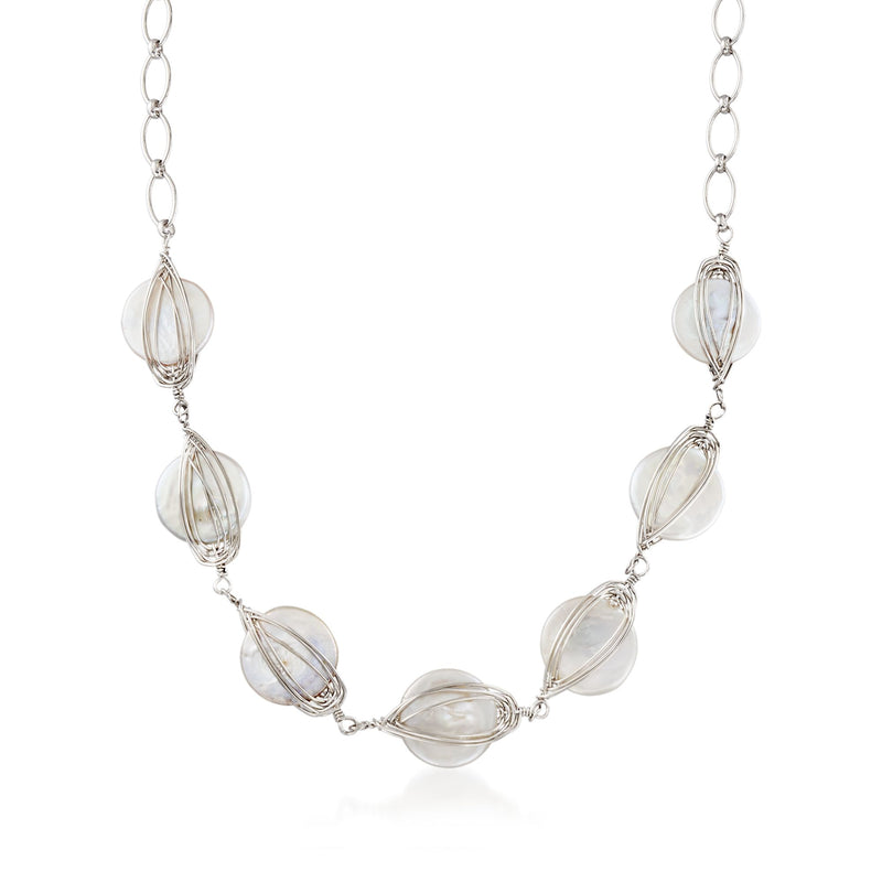 Sterling silver caged cultured pearl necklace with linked oval cage pearls
