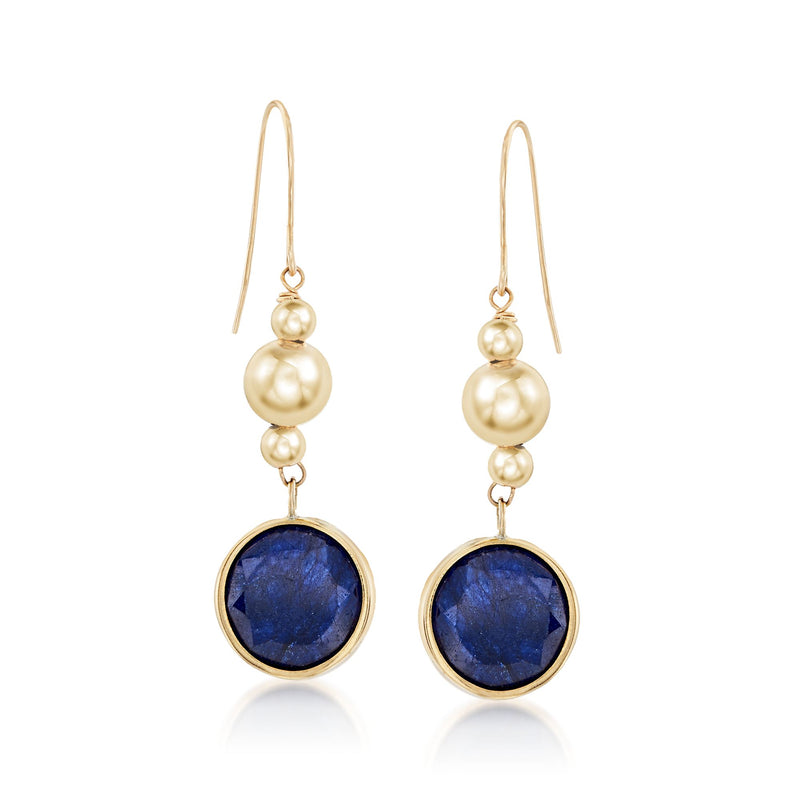 14kt yellow gold drop earrings with blue corundum discs and pearl bead accents