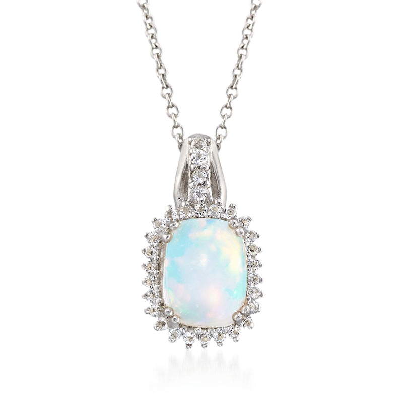 Sterling silver pendant necklace with oval opal center and white topaz halo