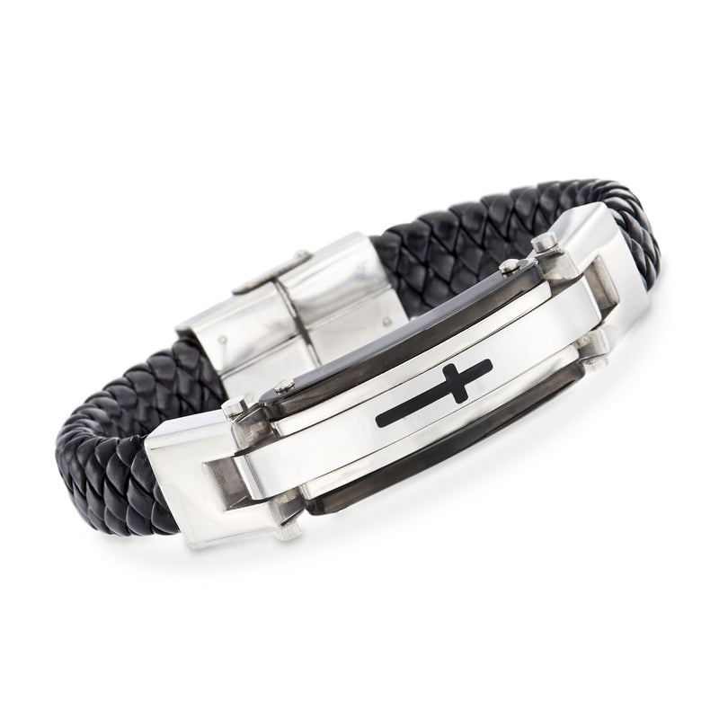 Men’s black leather cross bracelet with stainless steel clasp and curb links
