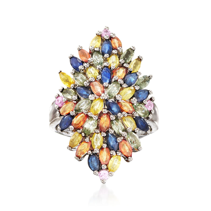 Multicolored sapphire cluster ring in sterling silver with oval and marquise stones