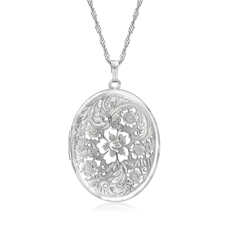 Sterling silver oval floral locket necklace with engraved flower on front