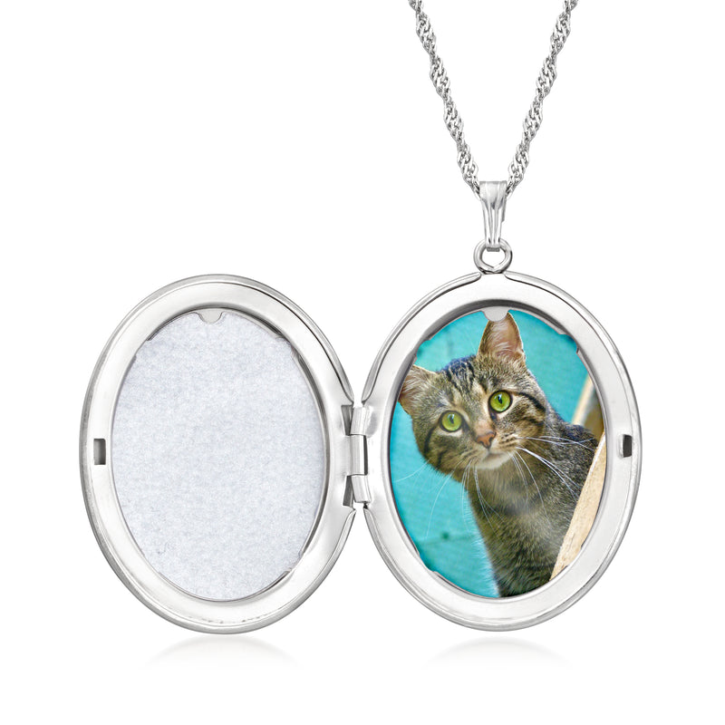 Sterling silver oval photo locket necklace with cat image in front panel