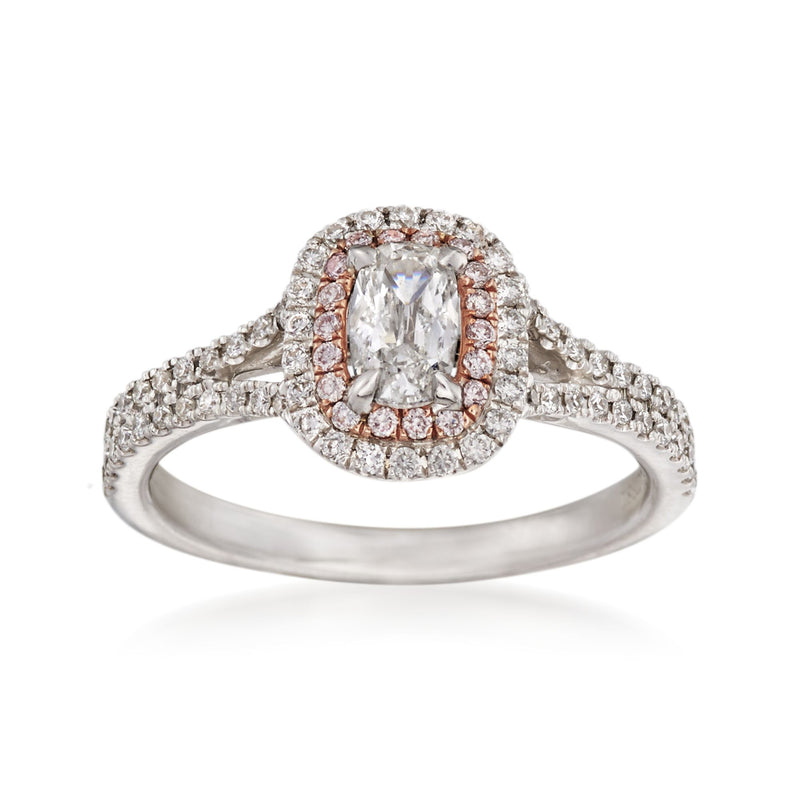 14kt white gold diamond engagement ring with center cushion-cut diamond and halo accents