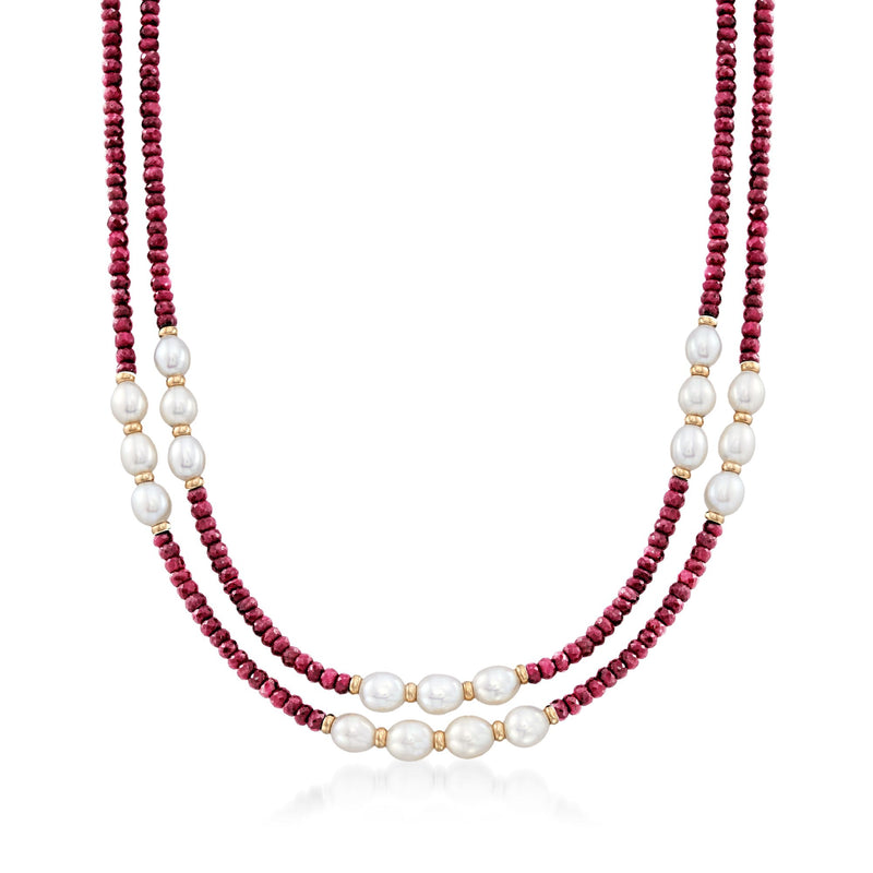 Two-strand ruby bead and cultured pearl necklace with white pearl drops
