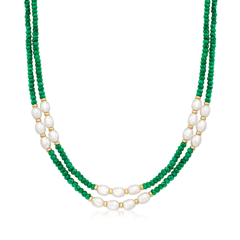 Two-strand green bead and white pearl necklace with yellow gold spacers