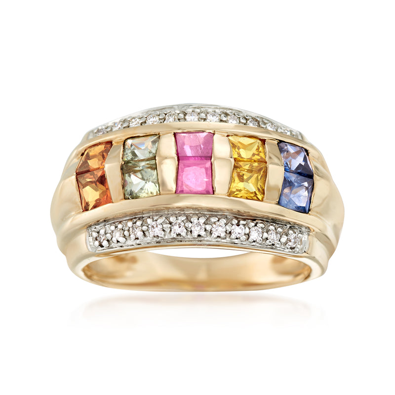 14kt yellow gold multicolored sapphire ring with princess-cut stones and diamond band