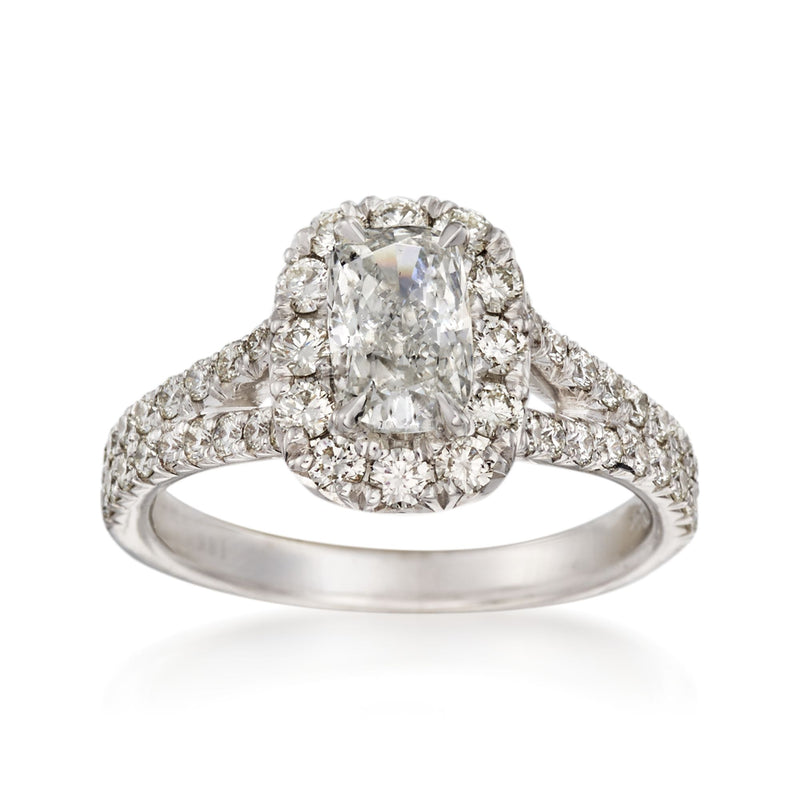 White gold diamond engagement ring with large center stone and halo of pave diamonds