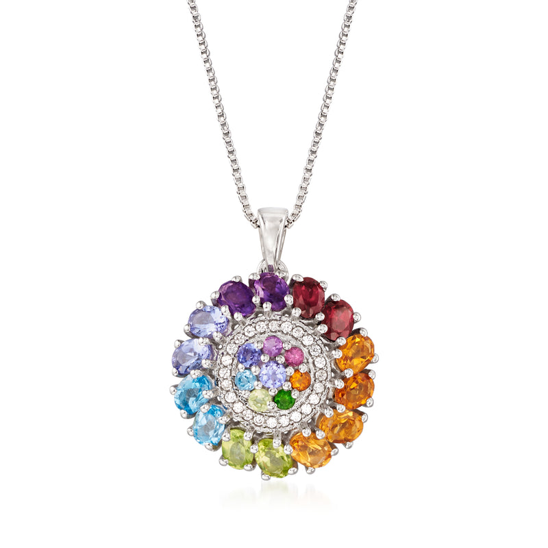 Multi-stone pendant necklace in sterling silver, round halo with colorful gemstones.