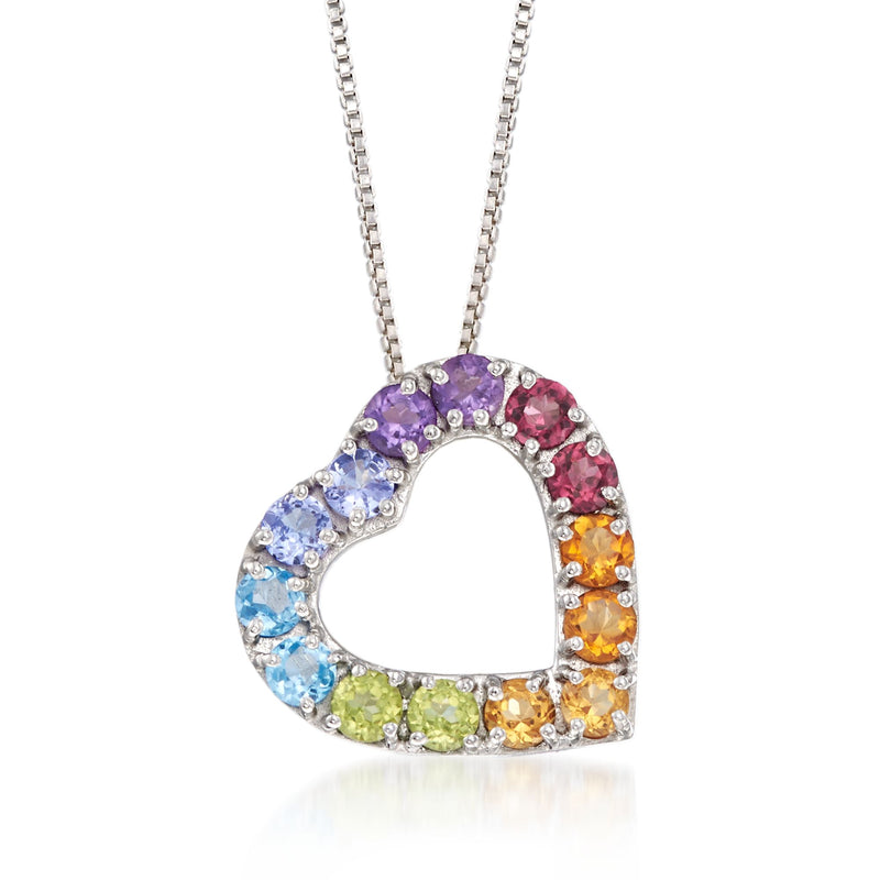Sterling silver heart pendant necklace with multicolor gemstones and linked chain