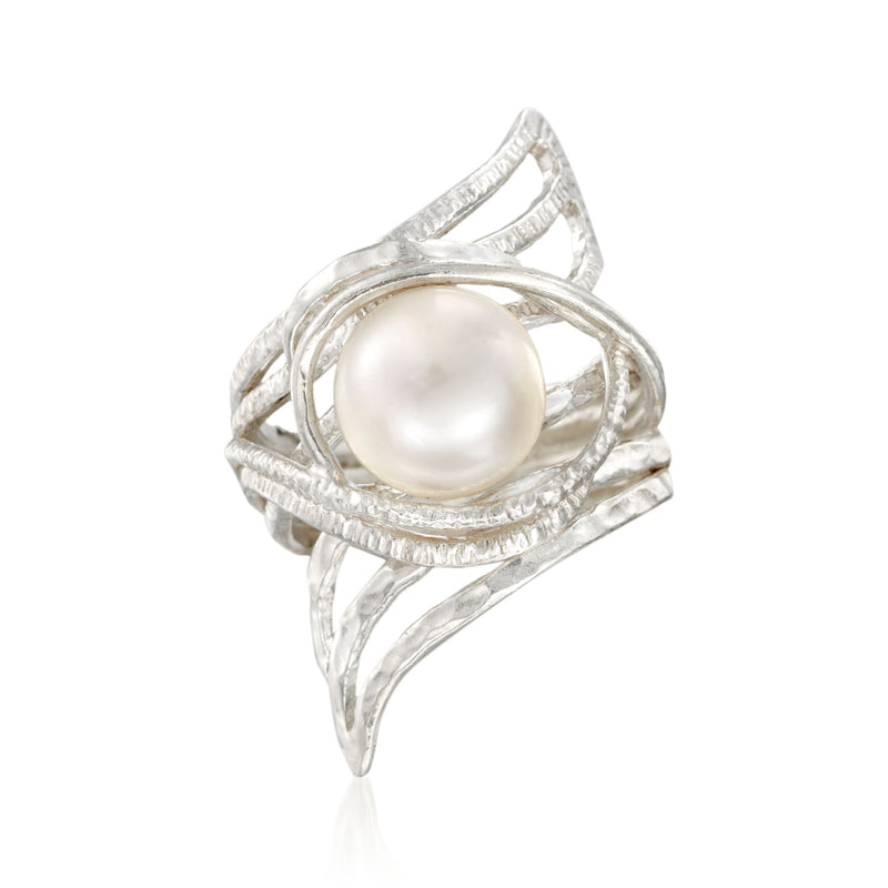 Cultured pearl swirl bypass ring with round white 10mm pearl in silver tone setting